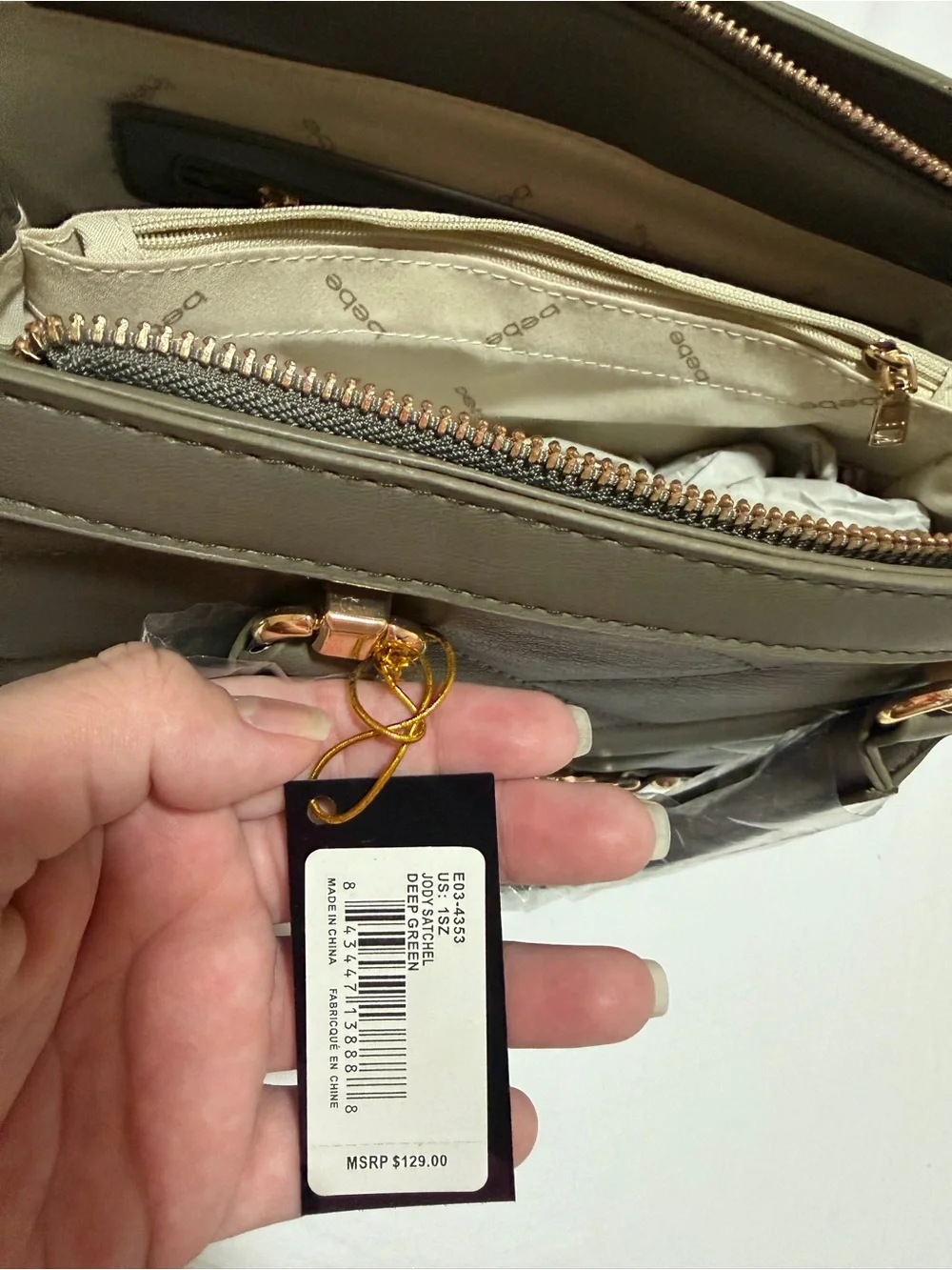 bebe Quilted Olive Green Satchel with Gold Hardware